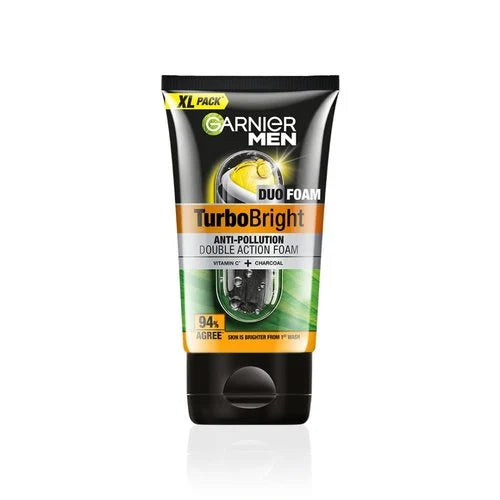 Garnier Men TurboBright anti-pollution double-action foam tube on a white background